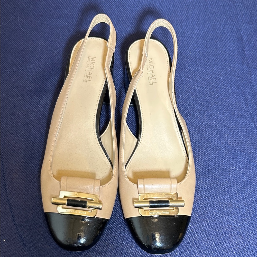 MICHAEL Michael Kors Tan and Black Cap Toe Slingback kitten heels